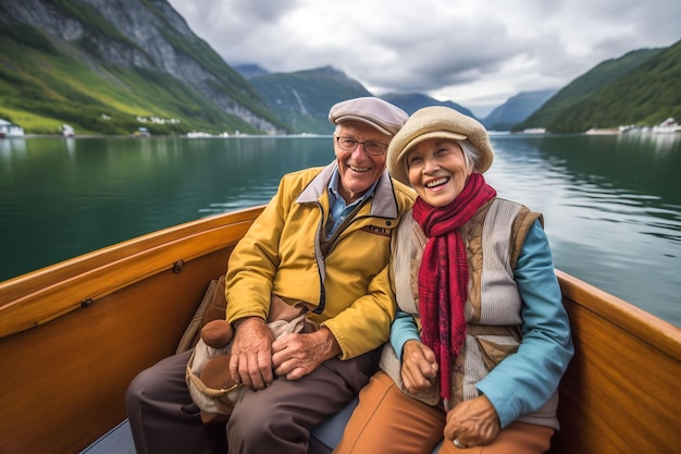 Una felice coppia di anziani nei fiordi norvegesi in viaggio AIgenerated