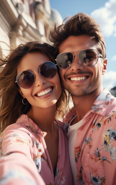 Una felice coppia di moda vogue che si fa dei selfie con vestiti luminosi di colore chiaro in estate