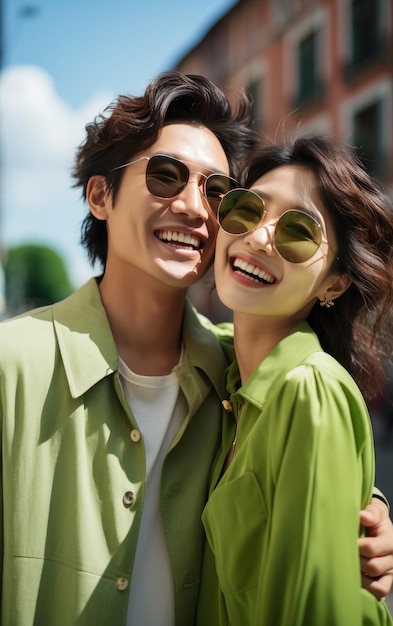 Una felice coppia di moda vogue che si fa dei selfie con vestiti luminosi di colore chiaro in estate