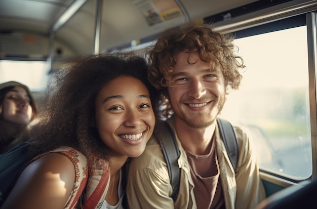 Una felice coppia interrazziale si diverte a fare un viaggio in autobus per andare in vacanza