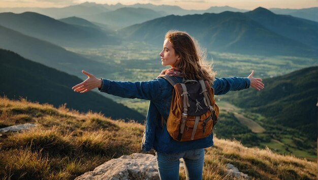 Una felice donna europea con uno zaino turistico si trova in cima a una roccia nelle montagne viaggia