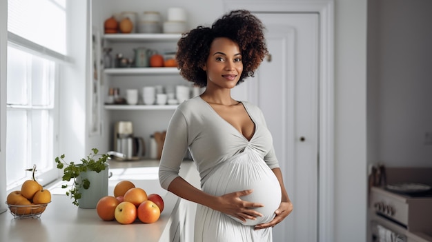 Una felice donna incinta africana che mangia frutta in cucina a casa