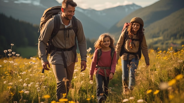 Una felice escursione in famiglia in un bellissimo prato di montagna