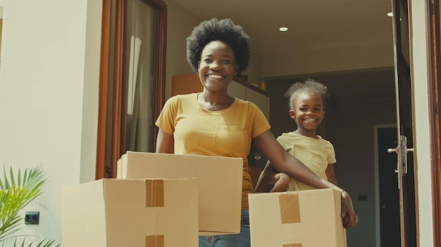 Una felice famiglia afroamericana che si trasferisce in una nuova casa con dei bambini.