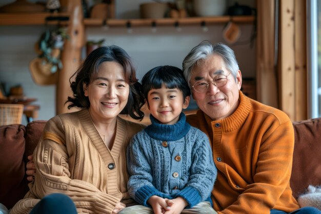 Una felice famiglia asiatica multigenerazionale che sorride insieme a casa sul comodo divano