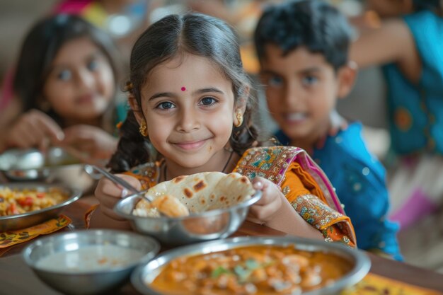 Una felice famiglia indiana che si gode un pasto tradizionale a casa