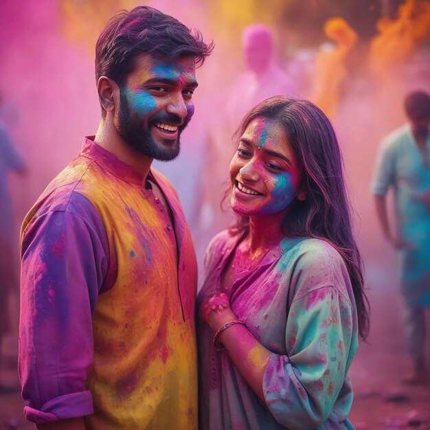 Una felice giovane coppia indiana che si diverte con la festa di Holi