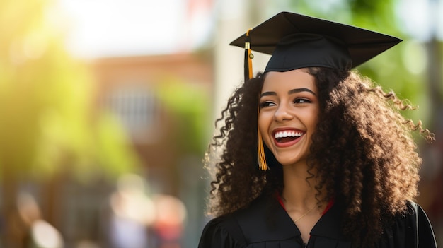 Una felice studentessa laureata sorridente in abito accademico in piedi davanti al college