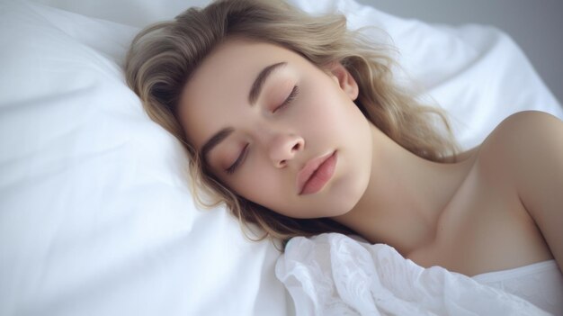 Una femmina che dorme comodamente su un letto di sfondo bianco puro fotografia medio close up shot k