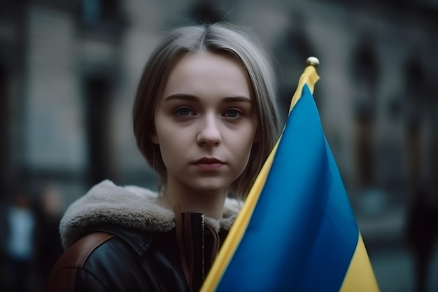 Una femmina che tiene bandiera ucraina