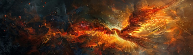 Una fenice fiammeggiante vibrante che emerge dalle fiamme in un'opera d'arte surreale drammatica che rappresenta la rinascita e la trasformazione