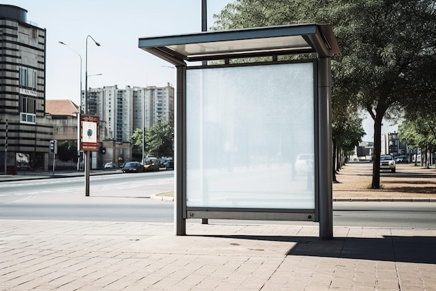 Una fermata dell'autobus con un grande cartellone pubblicitario vuoto sul marciapiede con Generative AI