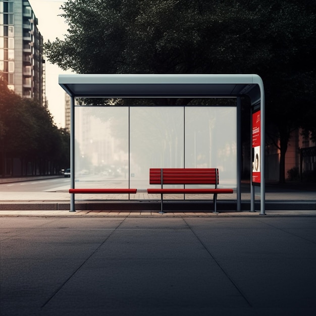 una fermata dell'autobus con una panchina rossa sul marciapiede.