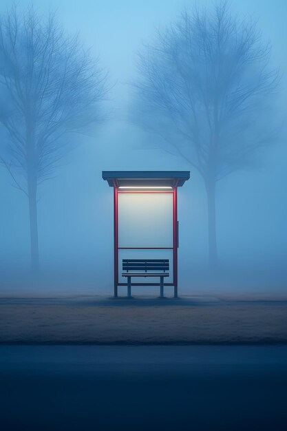 una fermata di autobus rurale solitaria nella nebbia mattutina