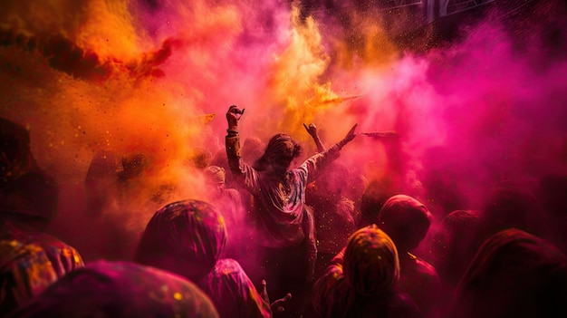 una festa colorata con persone dai colori vivaci e le parole "la parola" sul fondo.