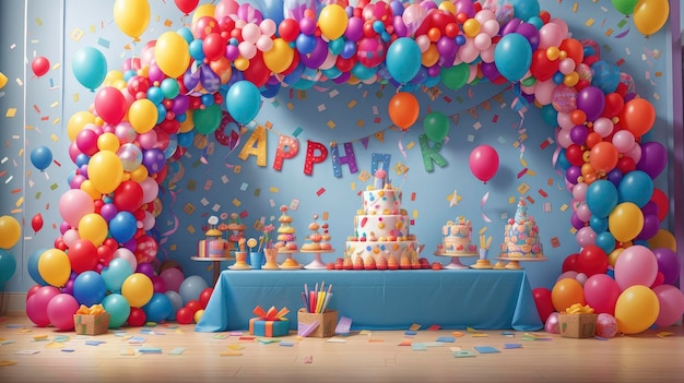 una festa di compleanno con palloncini e una torta su un tavolo con un panno da tavolo blu
