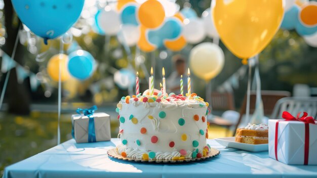 Una festa di compleanno con torta di palloncini e regali all'aperto