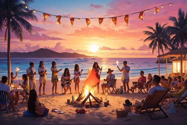 Una festa di compleanno in spiaggia tropicale con torce tiki, un falò e uno splendido tramonto come sfondo per una notte di celebrazione.