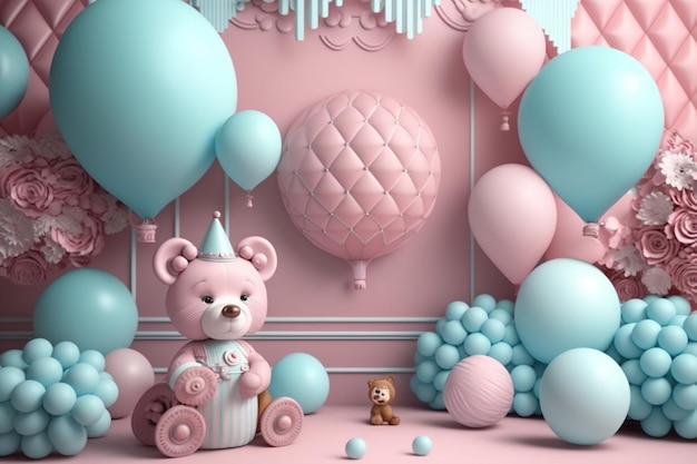 Una festa di compleanno rosa e blu con un orsacchiotto e palloncini.