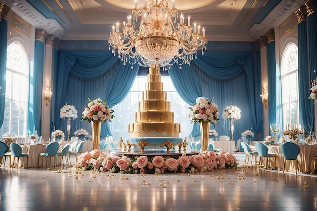 Una festa di compleanno sofisticata ed elegante tenuta in una lussuosa sala da ballo con lampadari di cristallo, torri di champagne e una band dal vivo