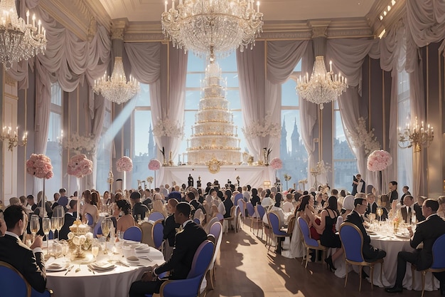 Una festa di compleanno sofisticata ed elegante tenuta in una lussuosa sala da ballo con lampadari di cristallo, torri di champagne e una band dal vivo