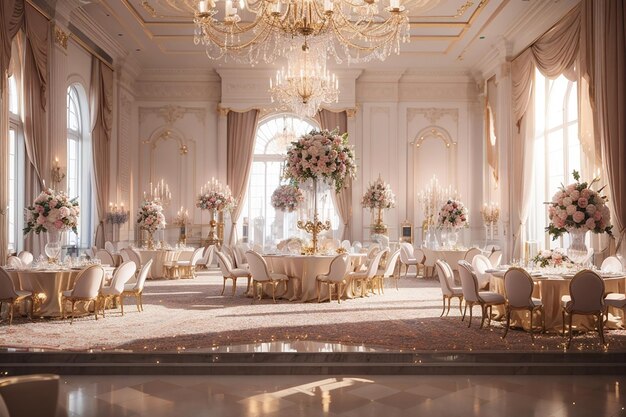 Una festa di compleanno sofisticata ed elegante tenuta in una lussuosa sala da ballo con lampadari di cristallo, torri di champagne e una band dal vivo