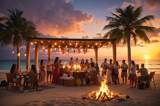 Una festa di compleanno sulla spiaggia tropicale con torce tiki, falò e uno splendido tramonto come sfondo per una notte di festa