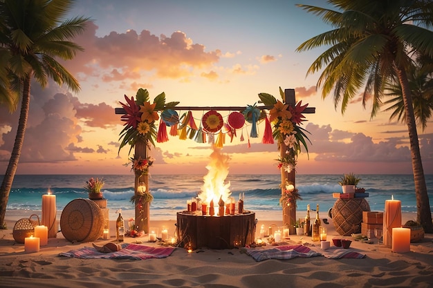 Una festa di compleanno sulla spiaggia tropicale con torce tiki, falò e uno splendido tramonto come sfondo per una notte di festa