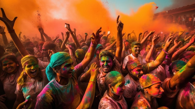 una festa di gente con la polvere colorata sul volto