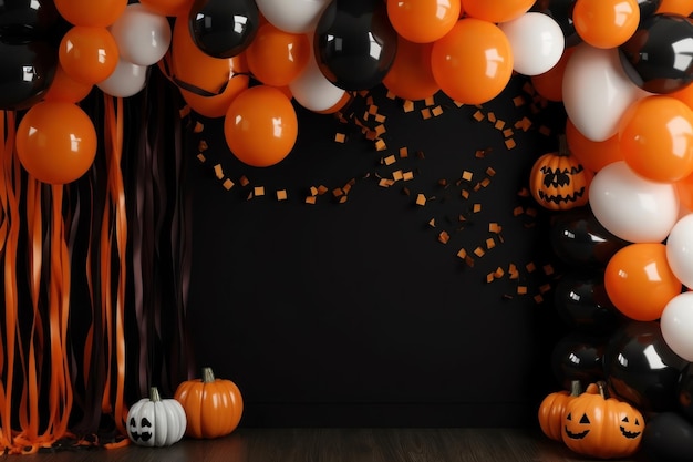 una festa di Halloween è decorata con palloncini e decorazioni.