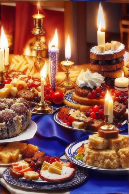 Una festa di Hanukkah con una tavola piena di piatti e dolci tradizionali