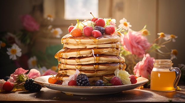 Una festa di pancake una pila di pancake in un piatto sul tavolo AI generativa