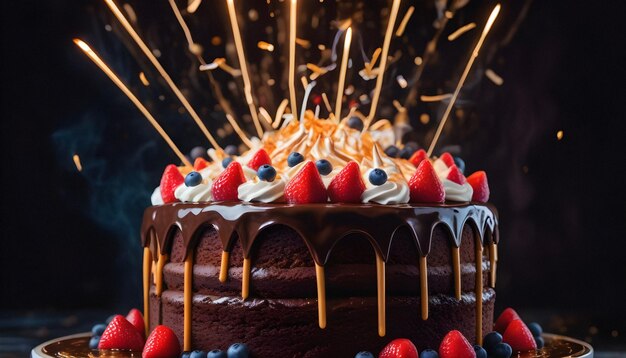 una festa in close-up a strati di torta al cioccolato con frutta e bacche e toppings pocky