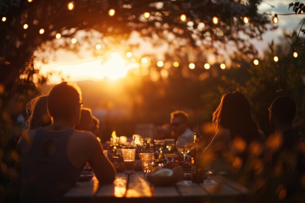 Una festa in giardino all'alba con le silhouette contro il cielo colorato