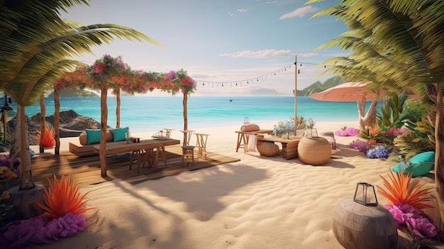 Una festa in spiaggia tropicale con un'atmosfera romantica dove gli ospiti possono godersi un tramonto mozzafiato e un accogliente falò sulla spiaggia Generato da AI