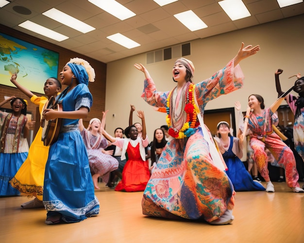 Una festa multiculturale nell'auditorium della scuola con studenti vestiti con abiti tradizionali