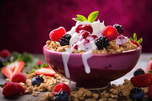 Una festa per gli occhi lo scatto cattura i colori vivaci di una rinfrescante ciotola di frutta mista con vortici di yogurt di cocco cremoso un miscuglio di bacche fresche e spruzzate artistiche