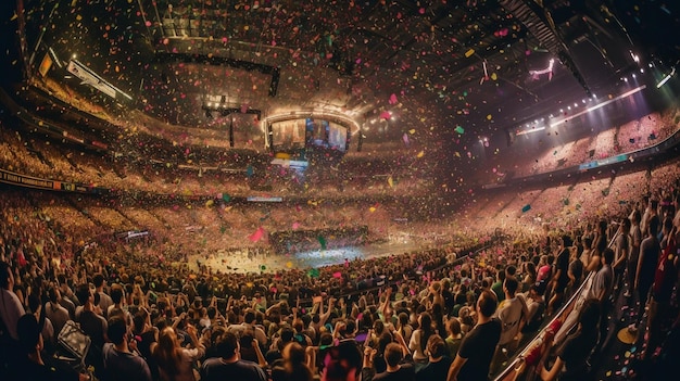 Una festa vibrante con un sacco di gente in un'arena illumina coriandoli un lungo obiettivo e IA generativa