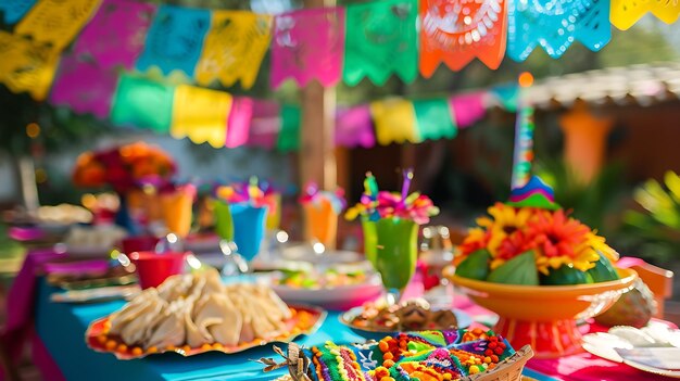 Una festa vivace e colorata Il tavolo è adornato con cibi tradizionali messicani come tacos burritos e enchiladas