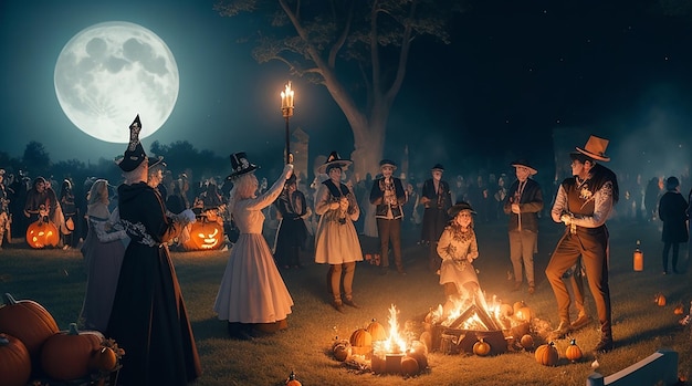 Una festosa celebrazione di Halloween in un cimitero con un falò e ospiti in costume che danzano attorno ad esso