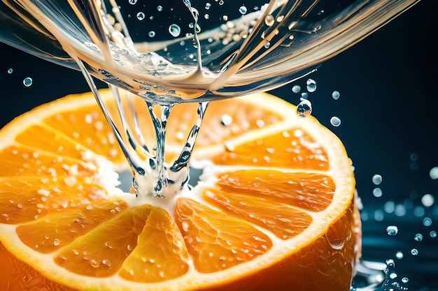 Una fetta d'arancia viene versata in metà di una metà di un'arancia.