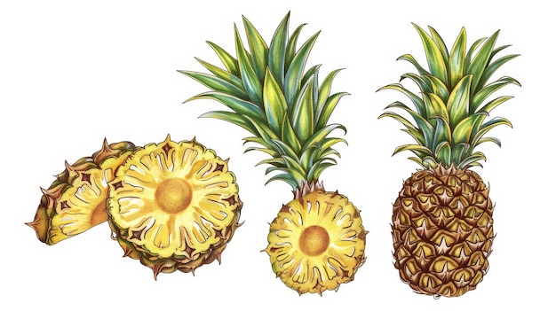 Una fetta di ananas viene tagliata a metà Bit di frutta tropicale esotica sono disegnati in modo vintage Una fetta d'ananas è tagliata a forma rotonda e un'altra fetta è tagliata in forma di fetta