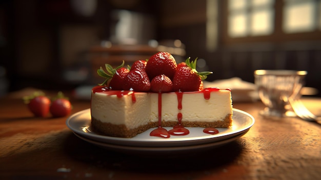 Una fetta di cheesecake con sopra delle fragole.