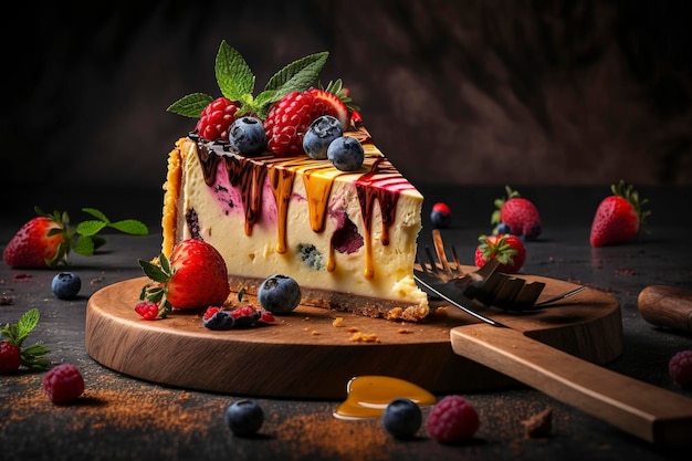 Una fetta di cheesecake con sopra una salsa di mirtilli