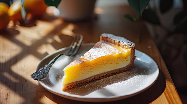 una fetta di cheesecake è su un piatto con una forchetta