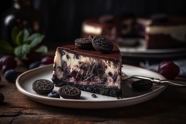 Una fetta di cheesecake oreo con mirtilli sul lato.