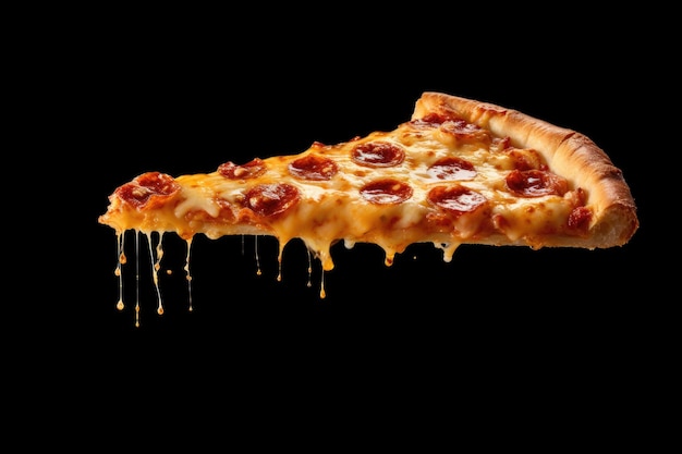 Una fetta di deliziosa pizza fresca isolata su uno sfondo nero