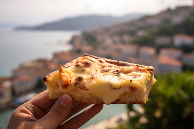 una fetta di focaccia che mette in risalto la crosta dorata della superficie puntinata e una spolverata di sa di mare grossolano