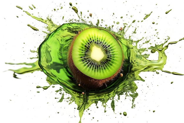 Una fetta di kiwi in spruzzi d'acqua IA generativa