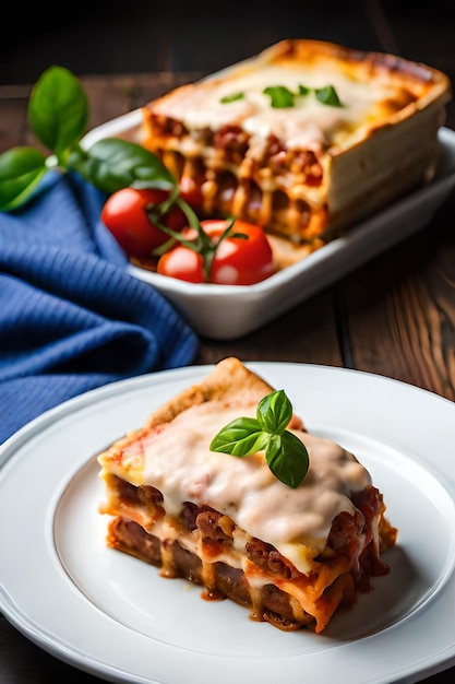 Una fetta di lasagna con una fetta di ragù su un piatto con un vassoio di pomodori freschi